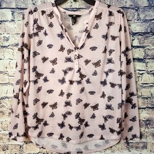 H&M Beige Black Butterfly Print Henley V-Neck Polyester Blouse Size S